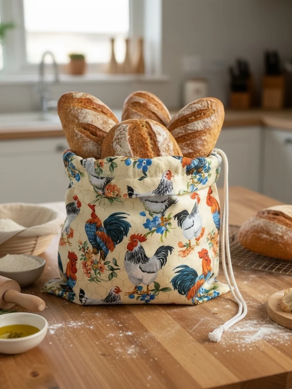 Farmhouse Raise Chickens Cotton Bread Bag, Reusable Cloth Sourdough Storage